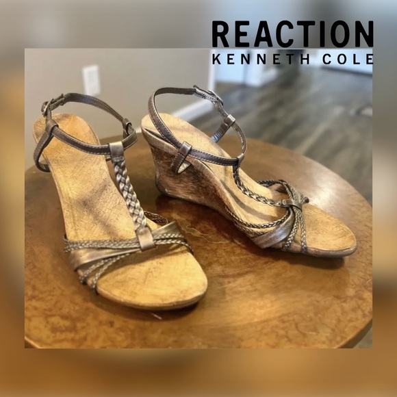 Kenneth Cole REACTION Leather Cedar Liscious Strappy Wood Wedge Sandals-Free S/H - Picture 10 of 16